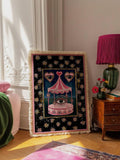 Surreal eye art poster with folk art circus design and bold contrast frame