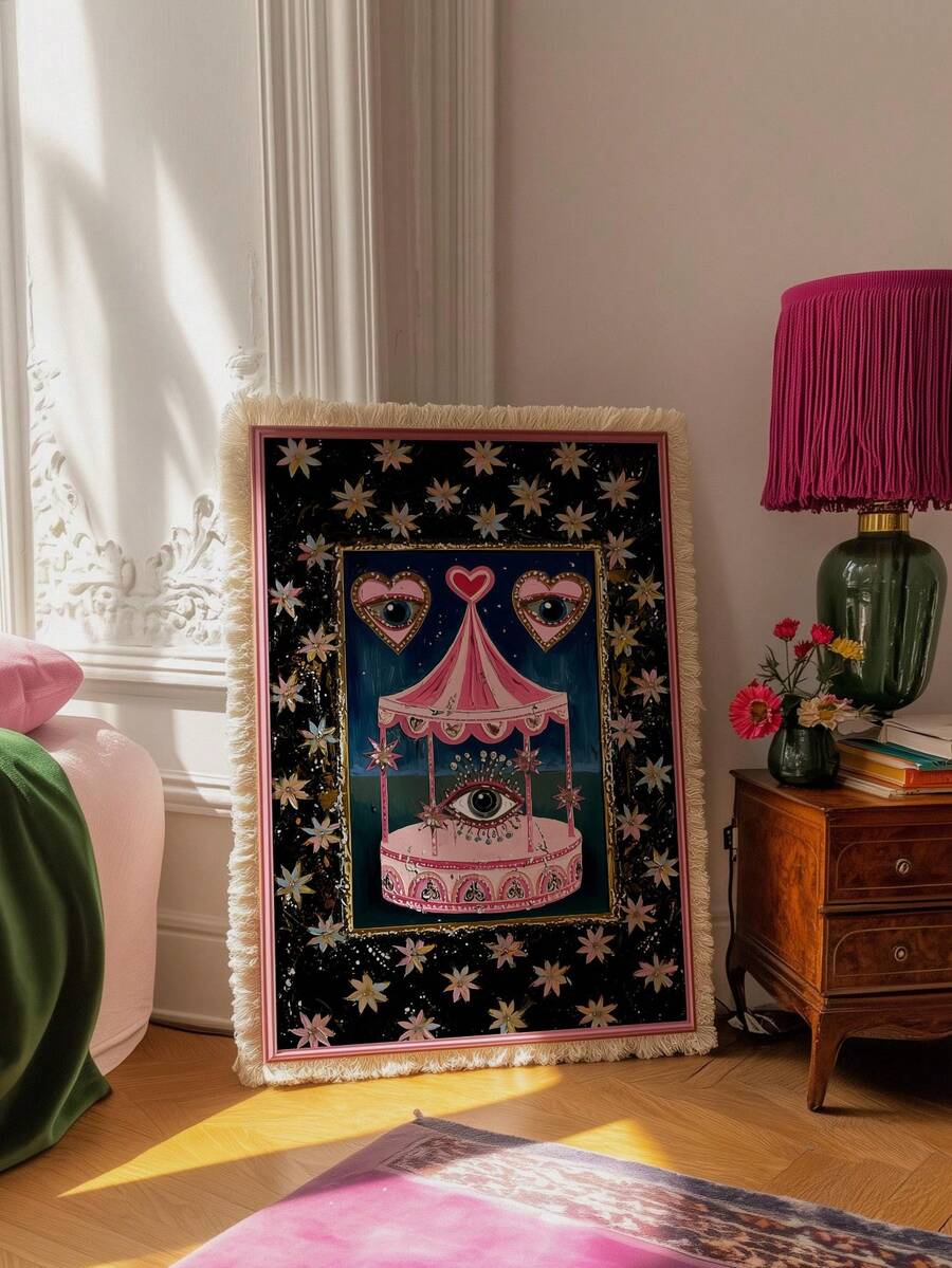 Surreal eye art poster with folk art circus design and bold contrast frame