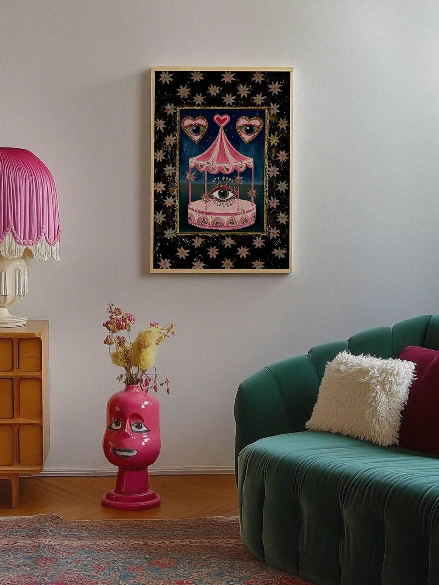 Quirky wall art for eclectic gallery wall with mystical tent and decorative hearts
