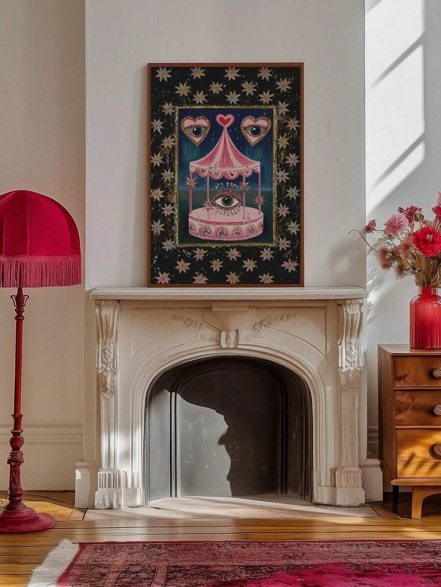 Quirky wall art for eclectic gallery wall with mystical tent and decorative hearts