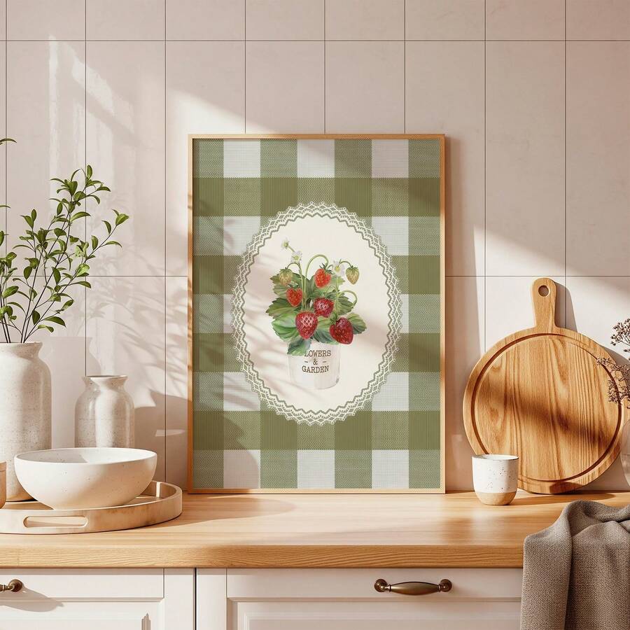 Vintage Green Strawberry Plaid Country Kitchen Canvas Poster