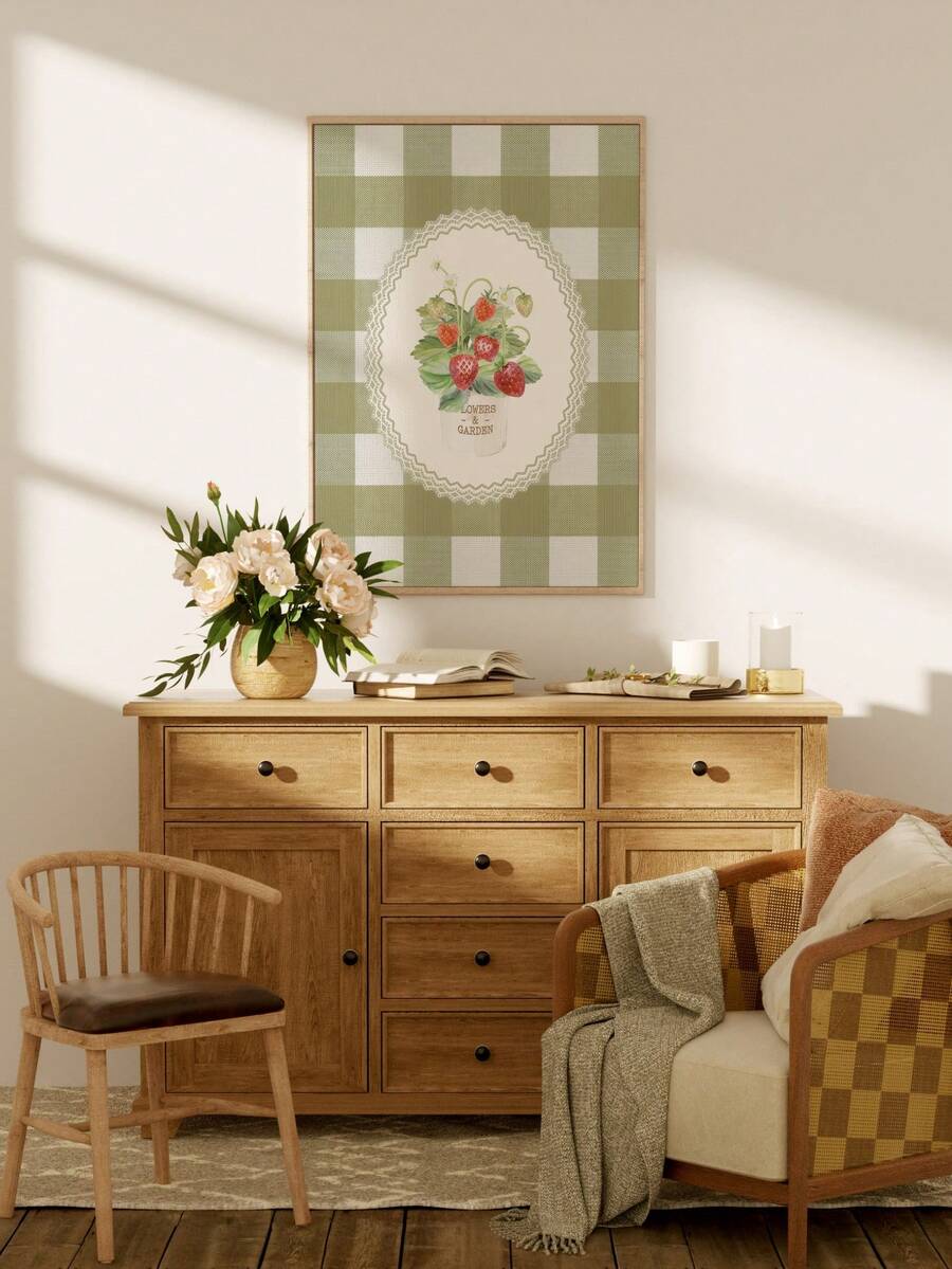Vintage Green Strawberry Plaid Country Kitchen Canvas Poster