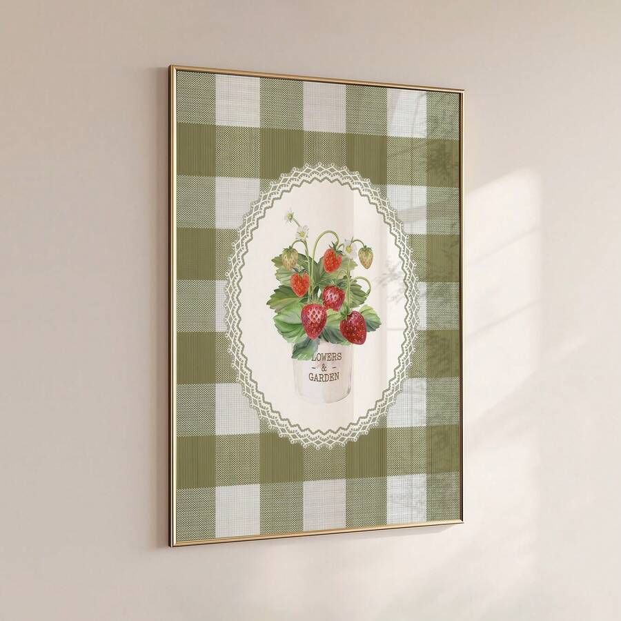 Vintage Green Strawberry Plaid Country Kitchen Canvas Poster