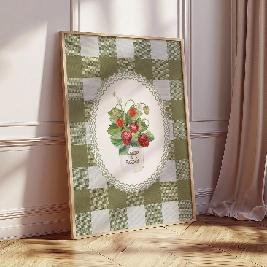 Vintage Green Strawberry Plaid Country Kitchen Canvas Poster