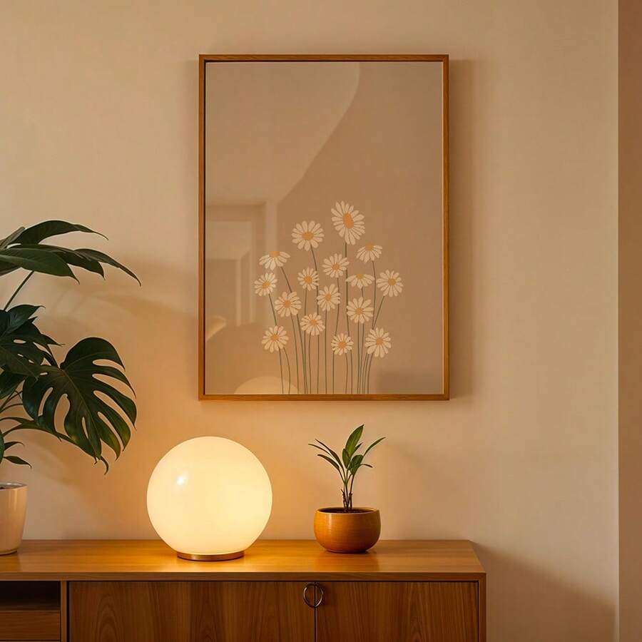 Daisy wall art above wooden sideboard