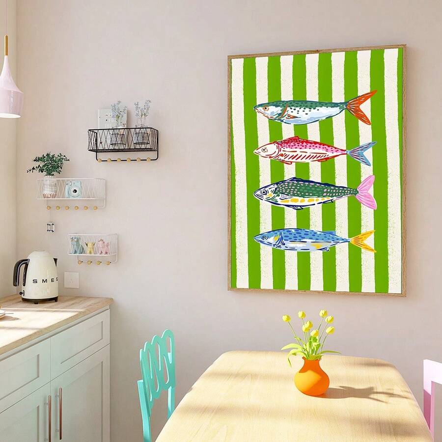 Retro sardine wall art with four colorful fish