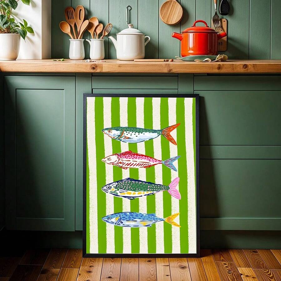 Coastal kitchen decor with pastel sardine illustration
