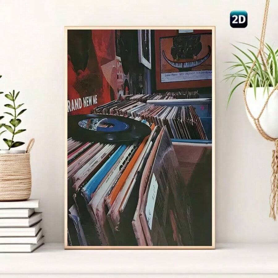 Vinyl wall art showing vintage record shop shelves LP crates and framed music poster style