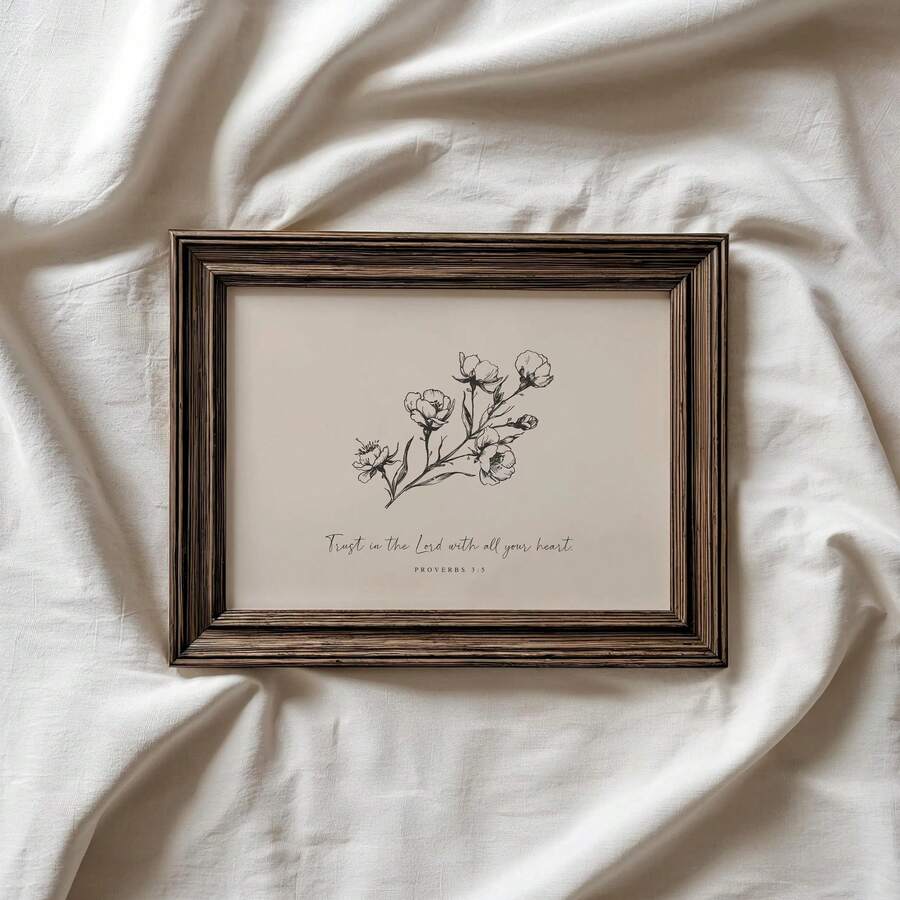 Bible verse wall art duplicate hero showing rustic frame cream print and cotton flower