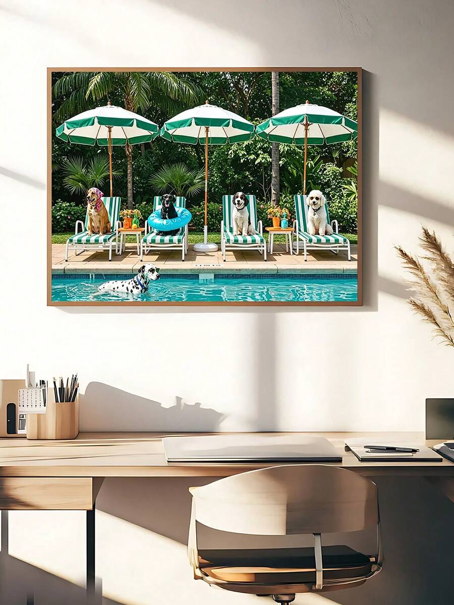 Retro dog pool wall art with striped umbrellas