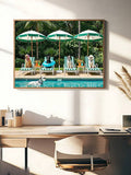 Dogs by pool print with palms and lounge chairs