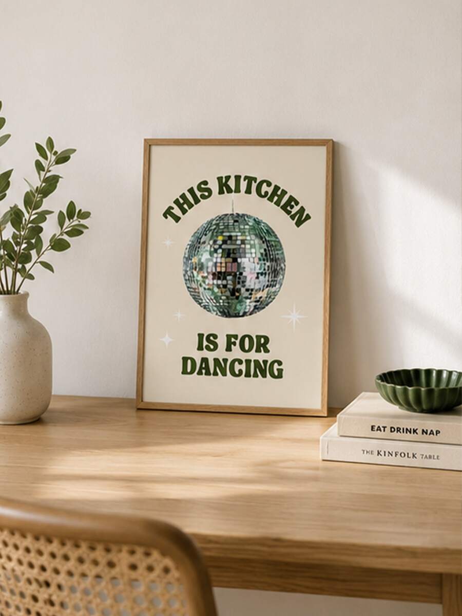 Disco ball kitchen wall art flat lay with this kitchen is for dancing quote and wood frame