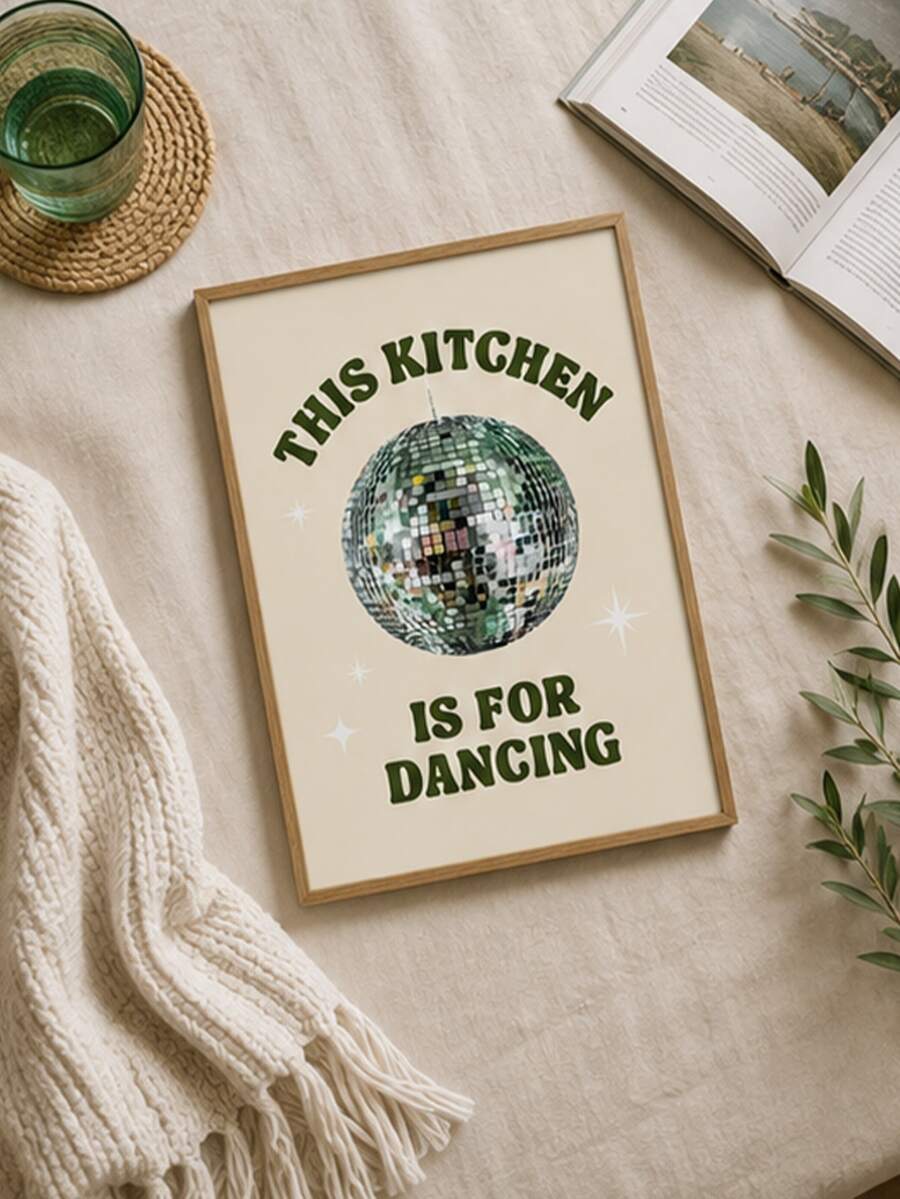 Disco ball kitchen wall art flat lay with this kitchen is for dancing quote and wood frame