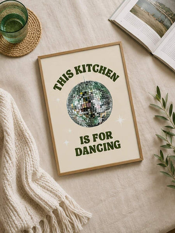 Disco ball kitchen wall art flat lay with this kitchen is for dancing quote and wood frame