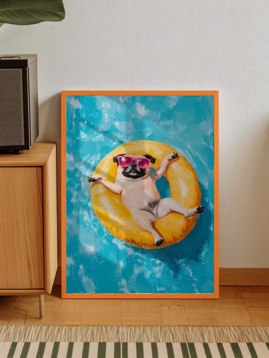 Cool dog wall art showing pug with pink sunglasses on yellow swim ring in blue pool.
