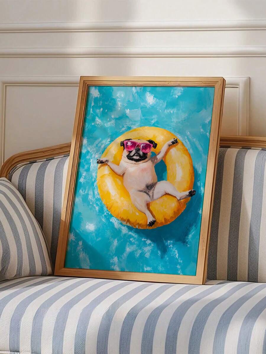 Cool dog wall art showing pug with pink sunglasses on yellow swim ring in blue pool.