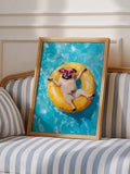 Cool dog wall art showing pug with pink sunglasses on yellow swim ring in blue pool.