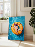 Pug summer wall art displayed in bright room near window, cabinet, and plant.