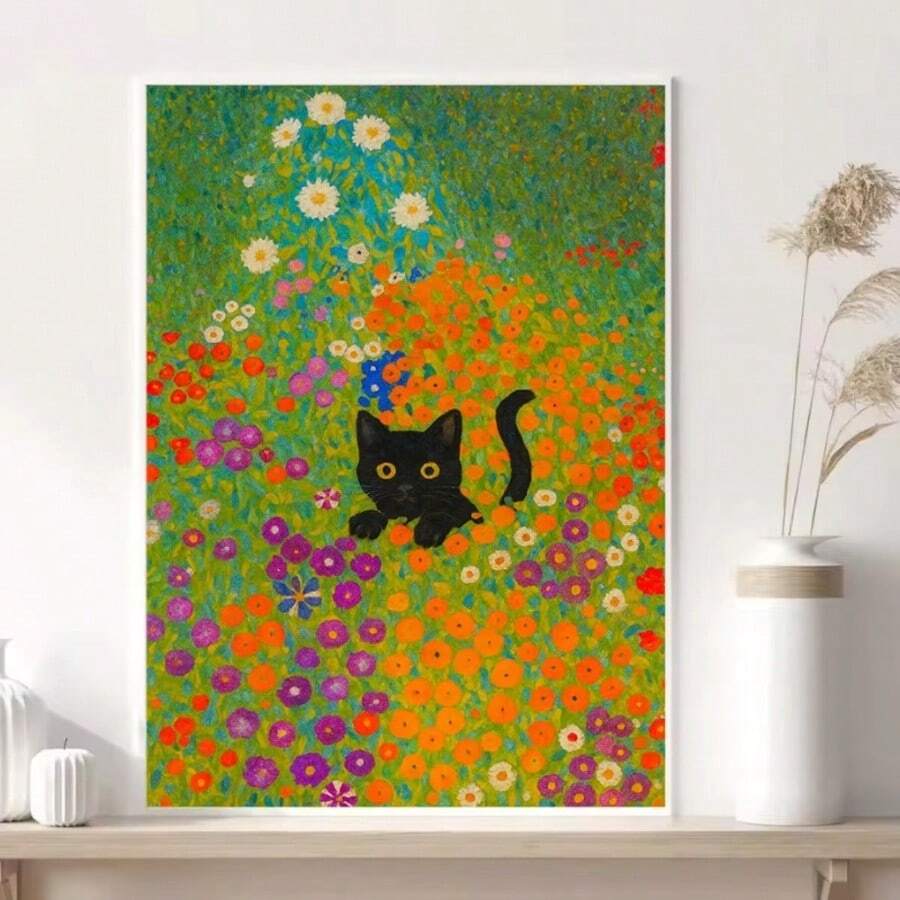 Klimt style black cat floral canvas wall art