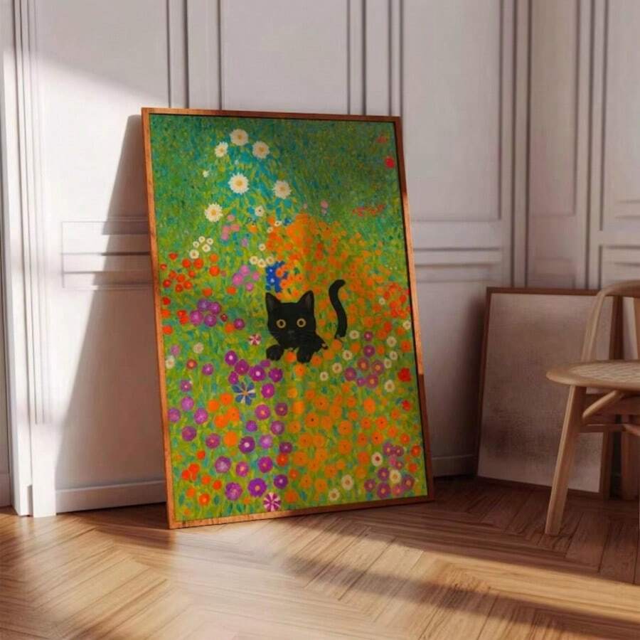 Klimt style black cat floral canvas wall art