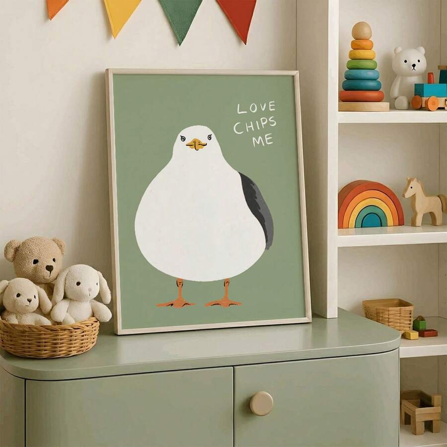 Funny seagull canvas poster with Love Chips Me text on sage green background