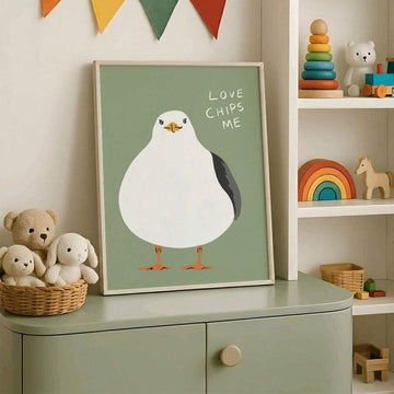 Funny seagull canvas poster with Love Chips Me text on sage green background