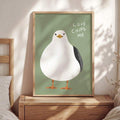Quirky coastal wall art showing chubby seagull and handwritten Love Chips Me quote