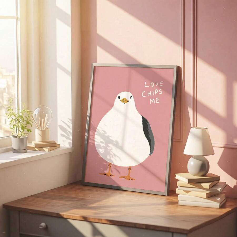 Cute seagull poster in pink pastel frame for bedroom or nursery decor
