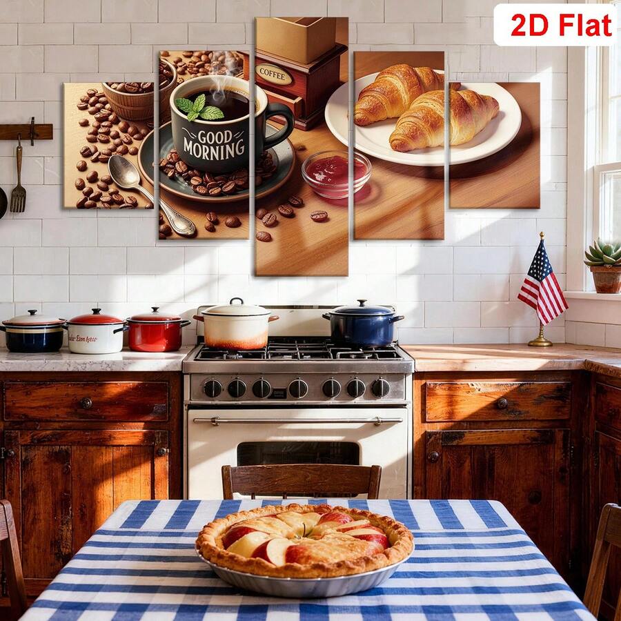 Coffee and croissant poster set displayed over a bakery counter