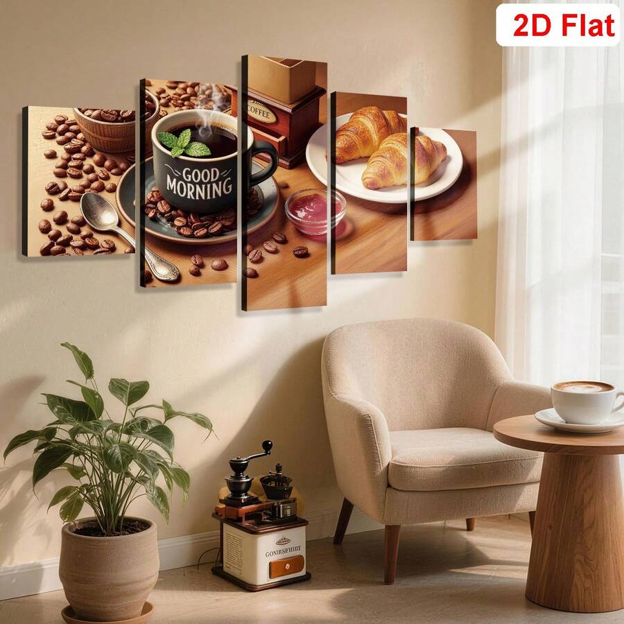 Five-panel coffee and croissant canvas artwork displayed above a cozy chair