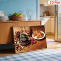 Five-panel coffee artwork arranged above a tiled kitchen range