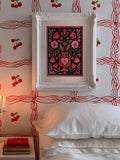 Romantic wall art collection with folk hearts striped panels and floral vase