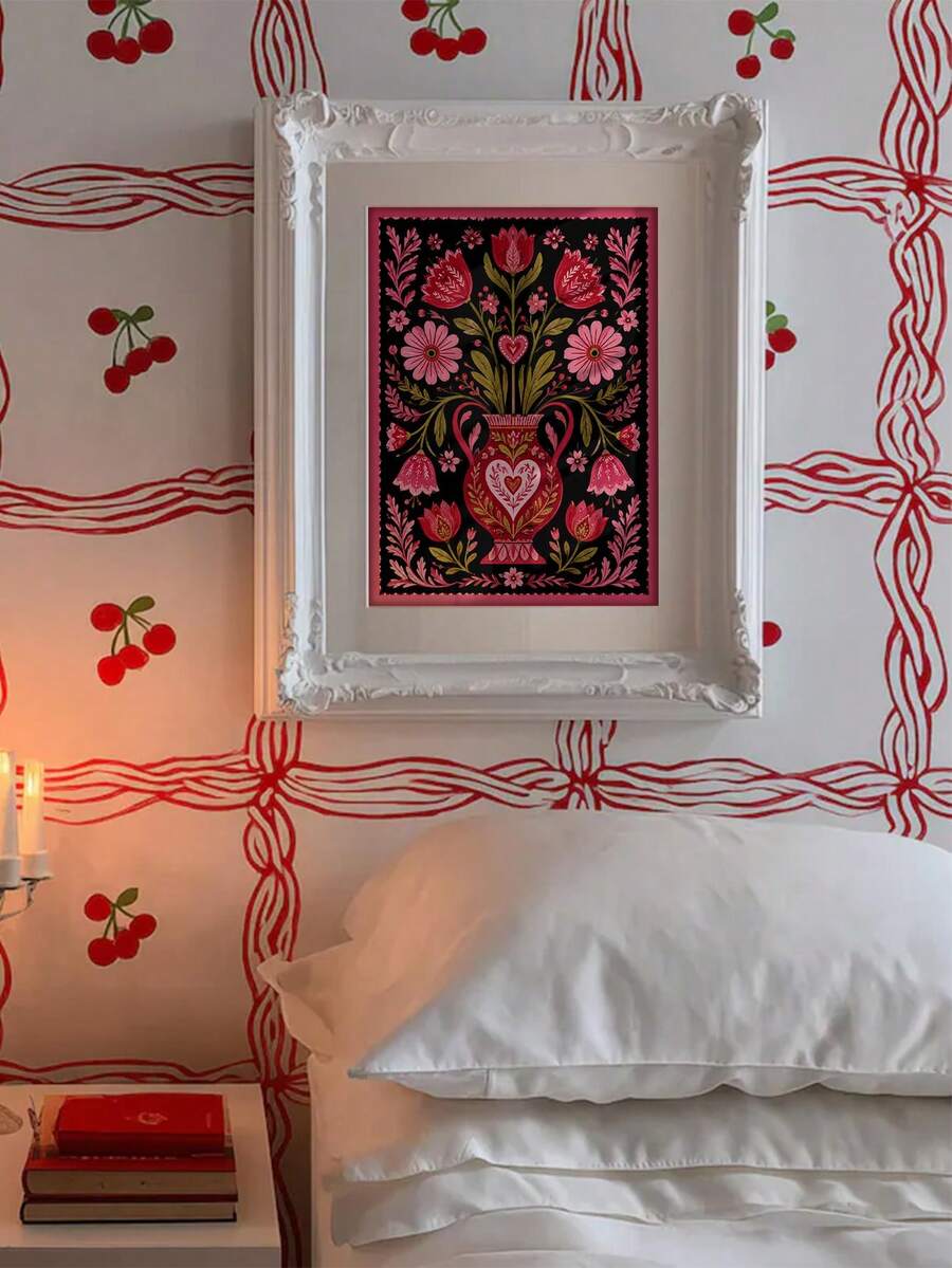 Romantic wall art collection with folk hearts striped panels and floral vase
