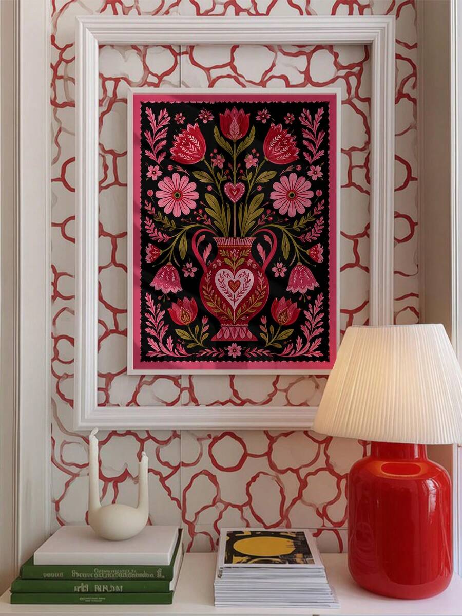 Pink and red cottagecore wall art with whimsical Valentine style