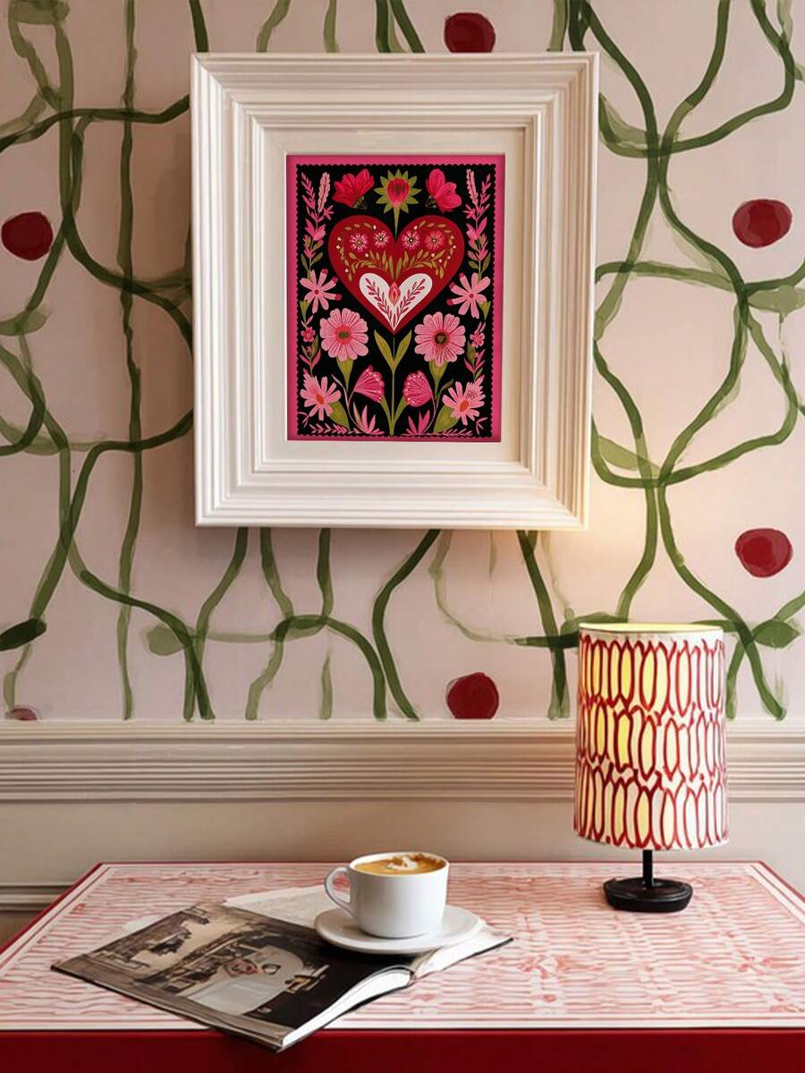 Whimsical folk art wall print with love theme and bold color