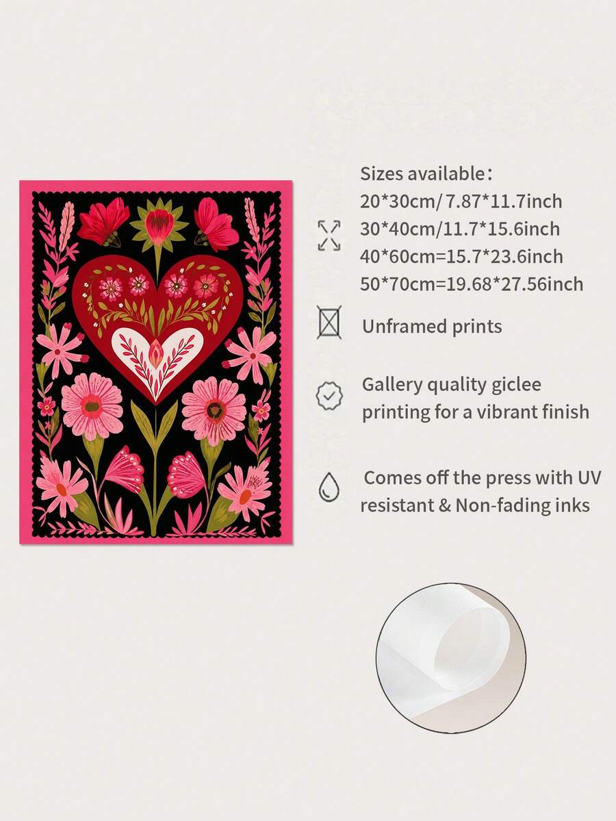 Whimsical folk art wall print with love theme and bold color