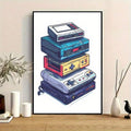 Large framed retro game console illustration leaning on wood surface