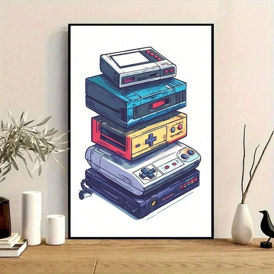Large framed retro game console illustration leaning on wood surface