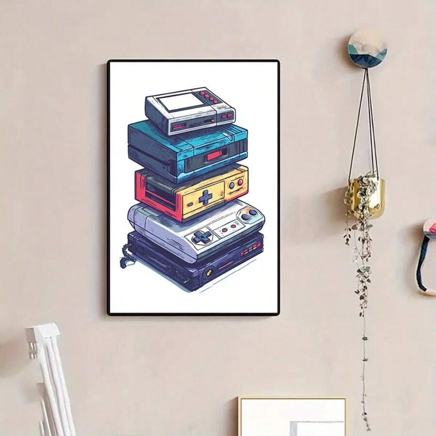 Colorful vintage gaming console wall art in black frame on pale wall