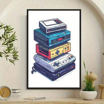 Framed retro video game console stack print on wall above shelf
