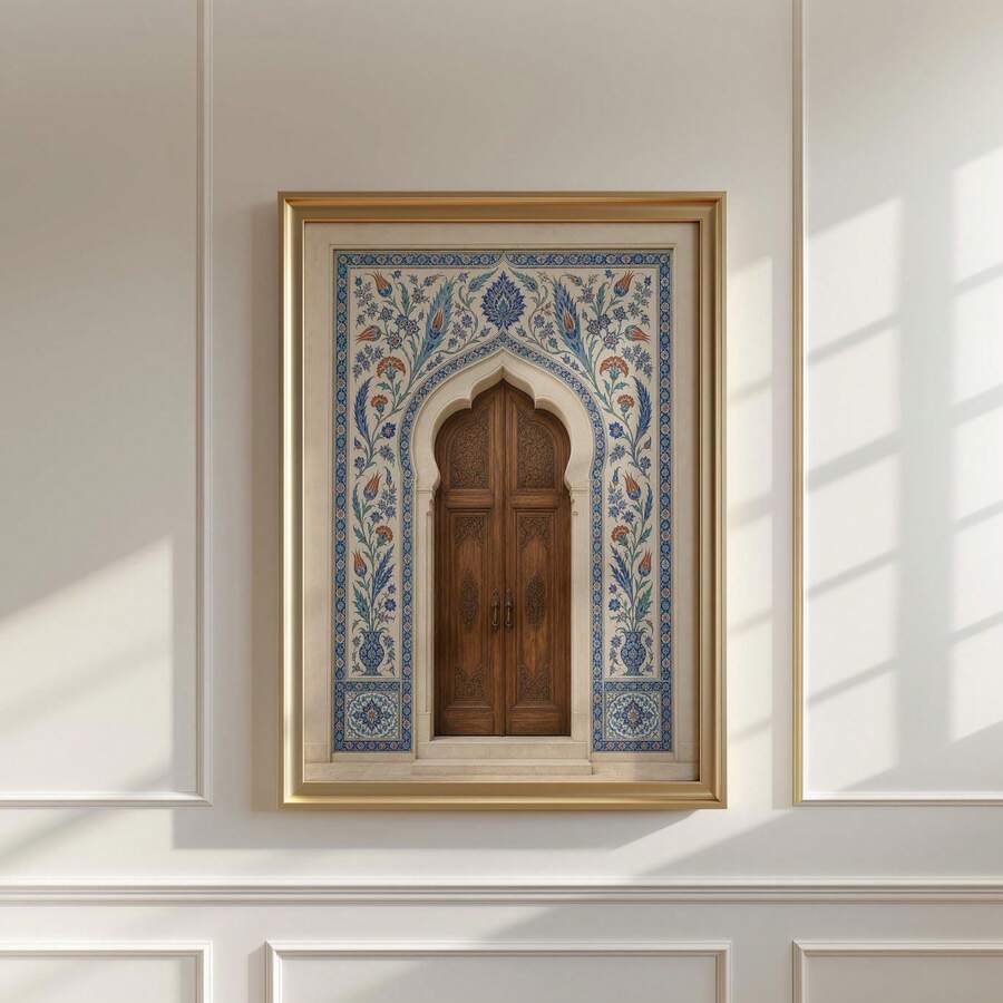 Boho global wall art with Moroccan architecture and warm neutral palette