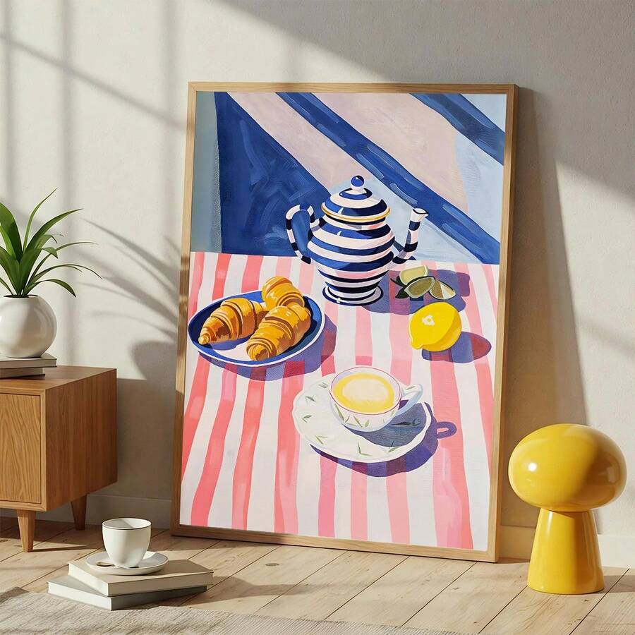Large framed breakfast print leaning in sunny room with plant and yellow stool