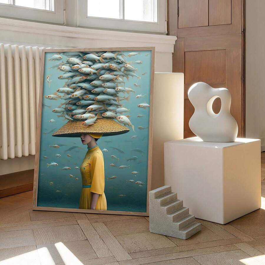Whimsical aquatic canvas print in teal underwater scene