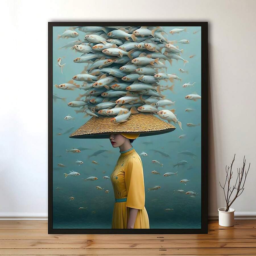 Fashion portrait wall art with fish swarm above hat