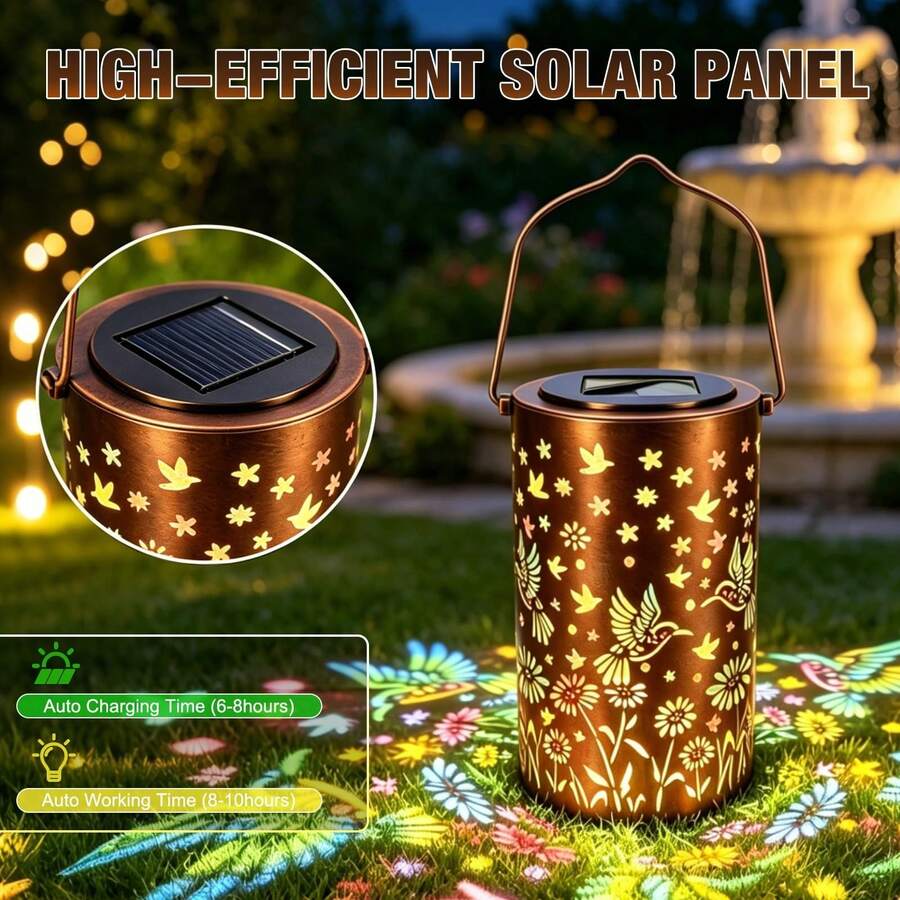 Copper metal hummingbird lantern with solar panel lid and hanging handle.