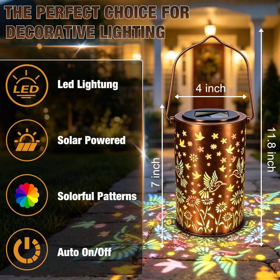Outdoor solar lantern glowing among flowers with multicolor projected patterns.