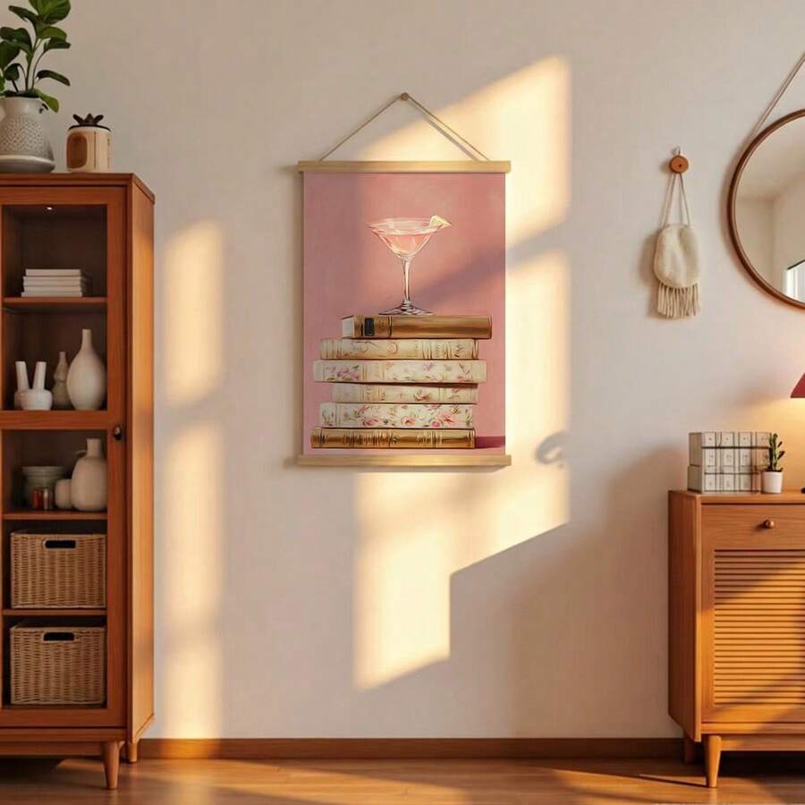 Martini and books poster displayed between wood cabinets in cozy living room