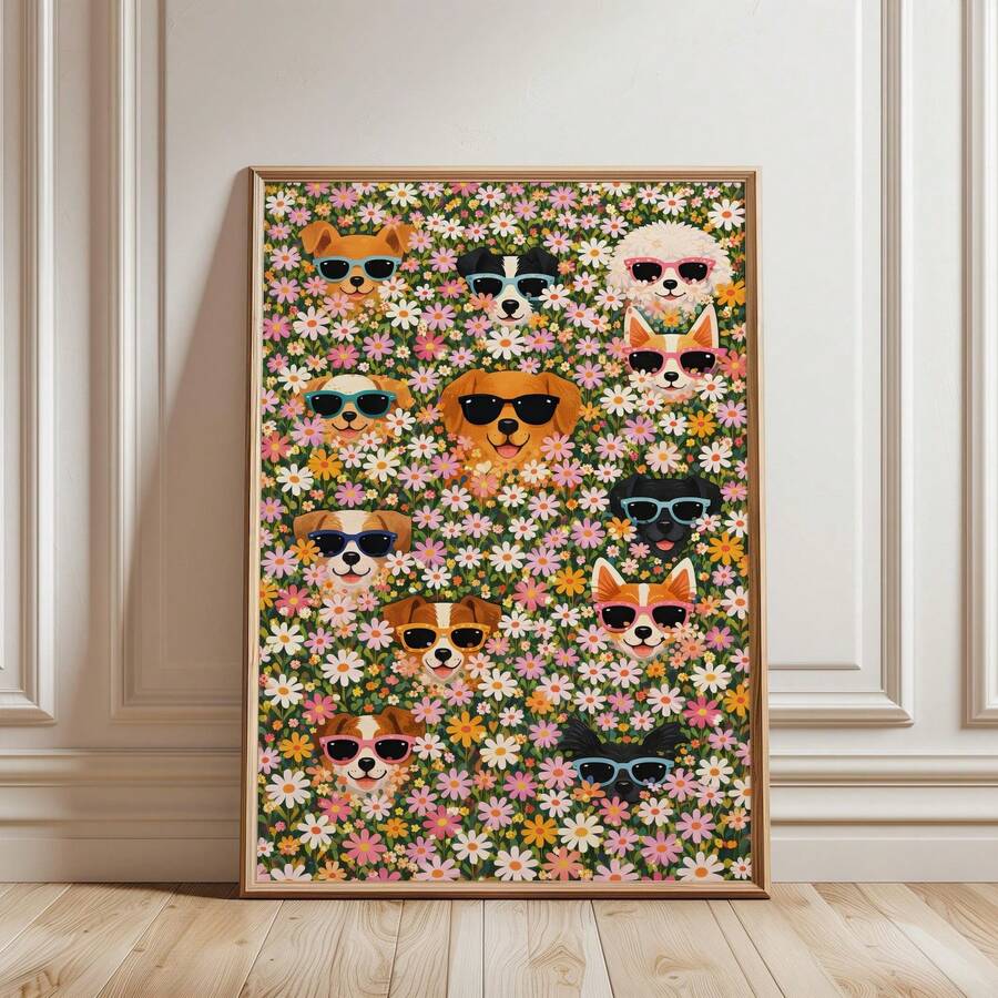 Colorful maximalist poster with dogs wearing sunglasses hidden among pink and white daisies
