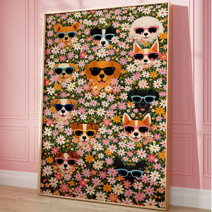 Colorful maximalist poster with dogs wearing sunglasses hidden among pink and white daisies
