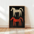 Western canvas with cream and red folk horses on black textured background